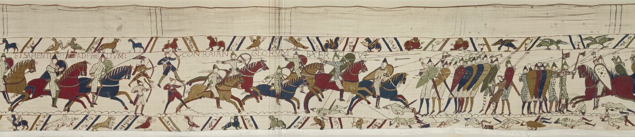 Kawaleria normańska atakuje angielski mur tarcz i dołącza do bitwy, Bayeux Tapestry autorstwa Unbekannt Unbekannt