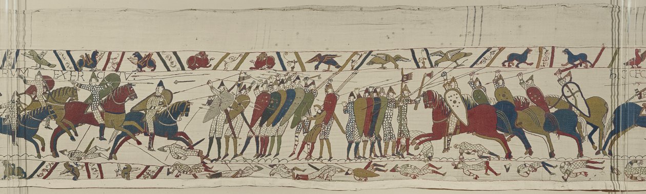 Kawaleria normańska atakuje angielski mur tarcz i dołącza do bitwy, Bayeux Tapestry autorstwa Unbekannt Unbekannt