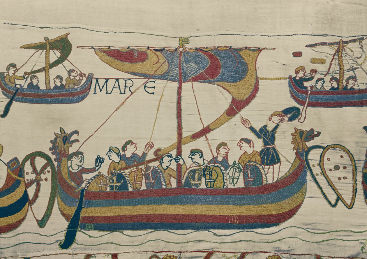Normandzka flota inwazyjna przekracza kanał, Bayeux Tapestry autorstwa Unbekannt Unbekannt