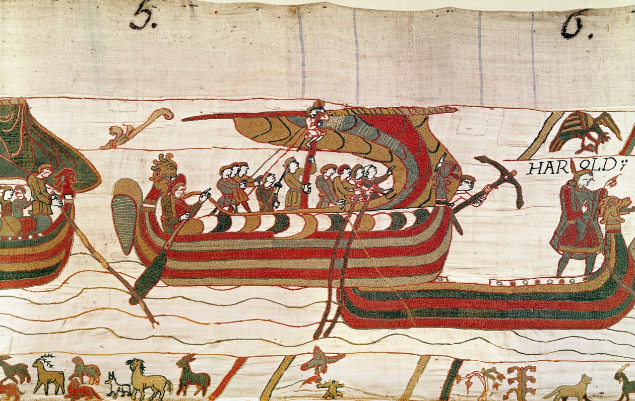Statki są zdmuchiwane przez wiatry w kierunku terytorium hrabiego Guy of Ponthieu, Bayeux Tapestry autorstwa Unbekannt Unbekannt