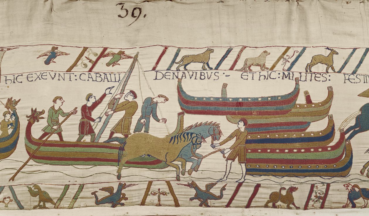 Rozładunek koni ze statków Normanów, Bayeux Tapestry autorstwa Unbekannt Unbekannt