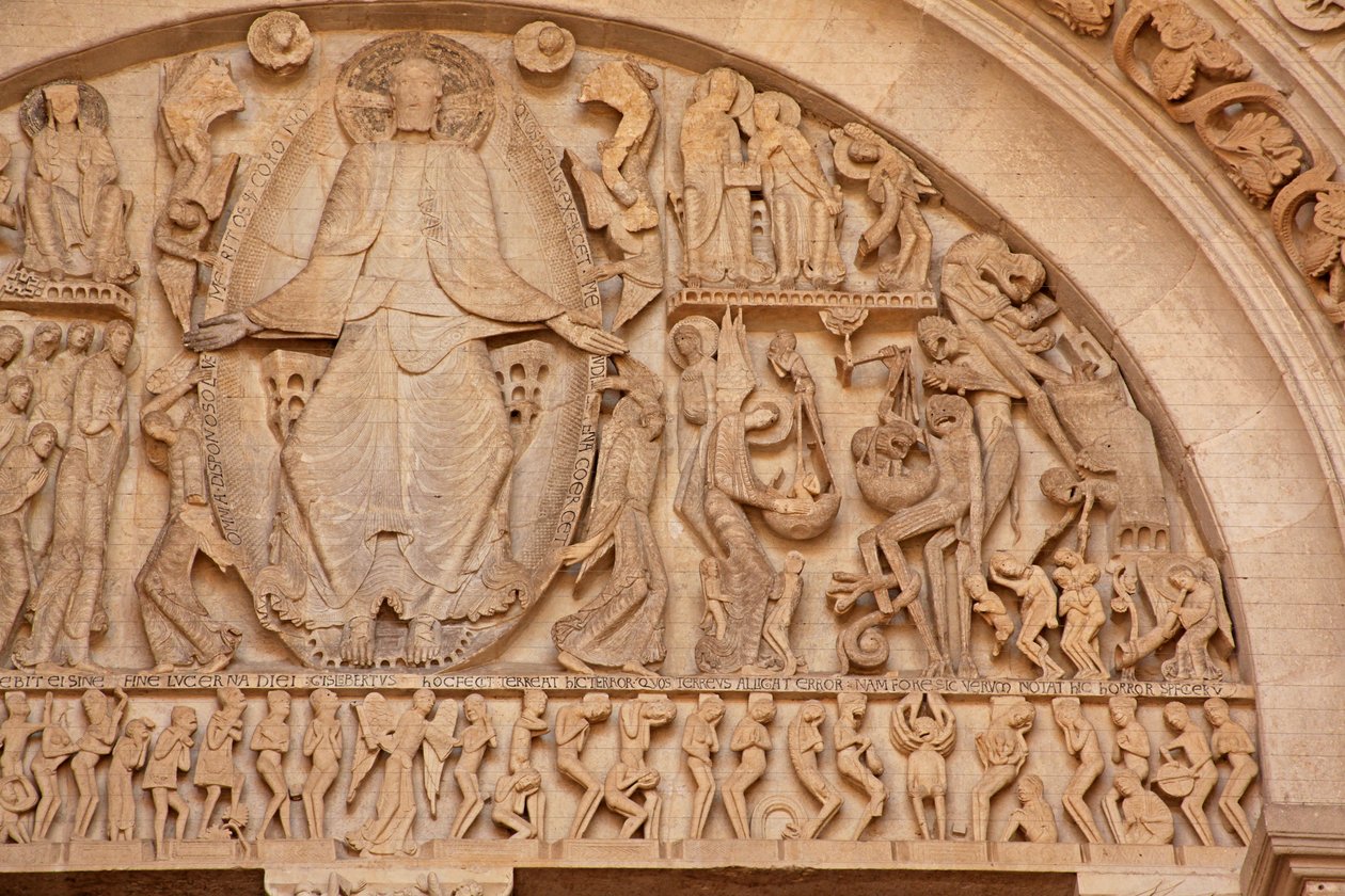 Katedra w Autun: Tympanon portalu zachodniego: Chrystus na Sądzie Ostatecznym: prawa strona autorstwa Unbekannt Unbekannt