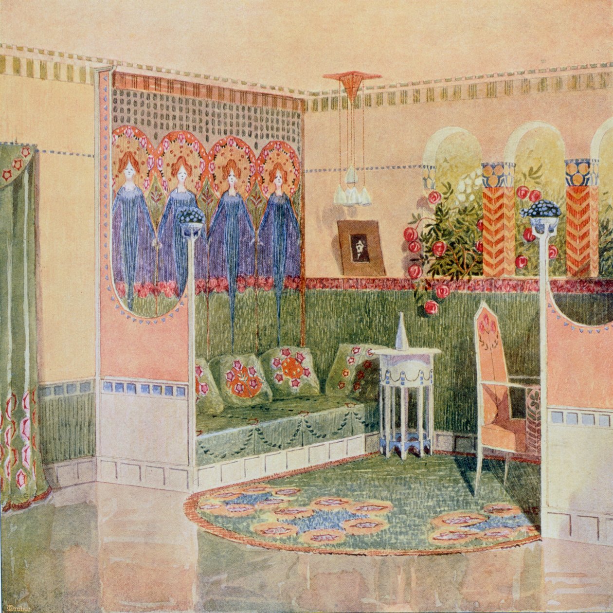 Buduar, z willi w Helsinkach zaprojektowanej przez pracownię architektoniczną Gesellius, Lindgren & Saarinen, z "Documents d"Art Moderne", 1903 autorstwa Unbekannt Unbekannt