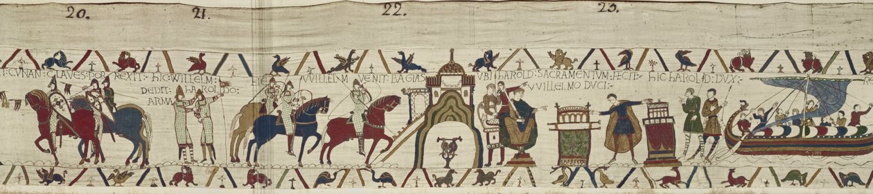 Książę William przyjmuje klucze Dinan i daje broń Haroldowi, który przysięga wierność Williamowi w Bayeux, Bayeux Tapestry autorstwa Unbekannt Unbekannt