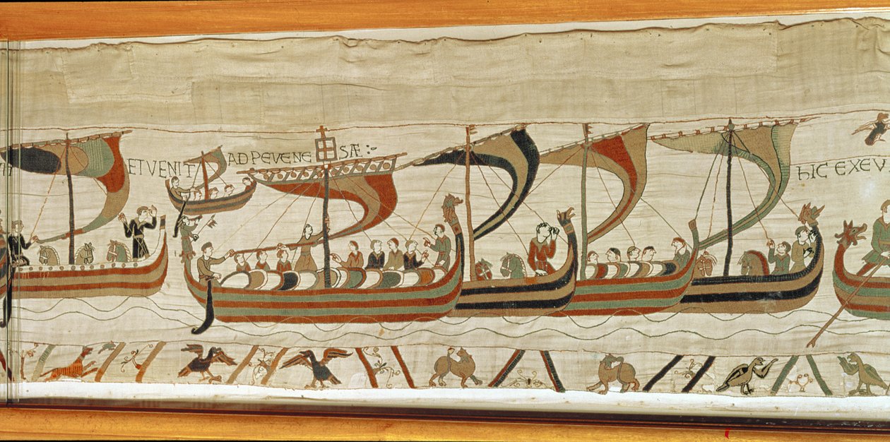 Książę William i flota inwazyjna Normanów przekraczają kanał, Bayeux Tapestry autorstwa Unbekannt Unbekannt