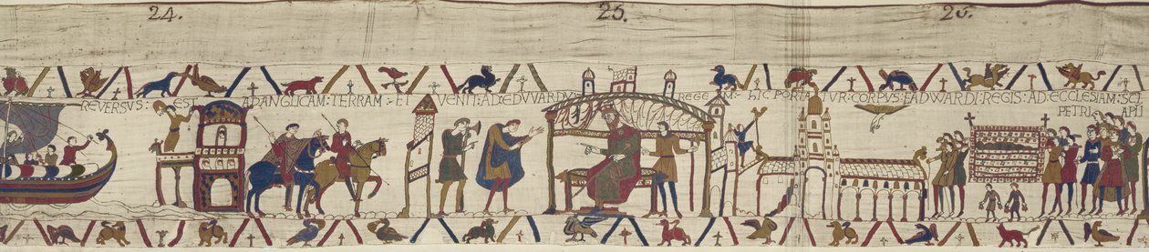 Earl Harold wraca do Anglii i odwiedza króla Edwarda Wyznawcę, którego ciało jest przenoszone do kościoła św. Piotra, Bayeux Tapestry autorstwa Unbekannt Unbekannt