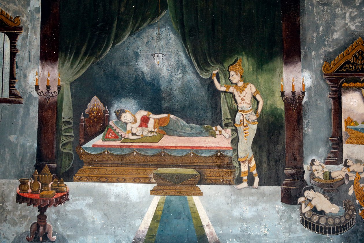Fresk przedstawiający scenę z życia Buddy w Wat Phra Doi Suthep, Chiang Mai. Budda jako książę Siddharta opuszcza żonę i dziecko. Tajlandia autorstwa Unbekannt Unbekannt