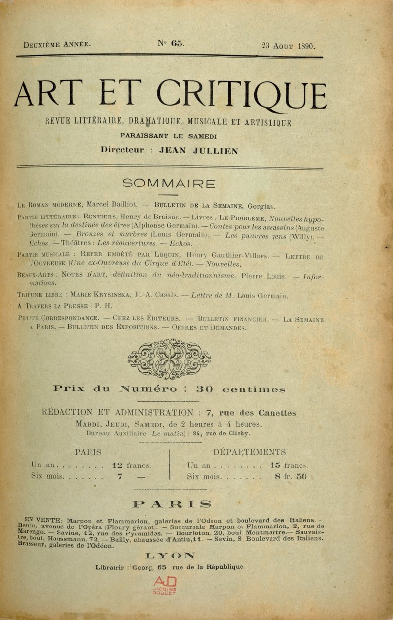 Strona tytułowa magazynu „Art et Critique”, 23 sierpnia 1890 autorstwa Unbekannt Unbekannt