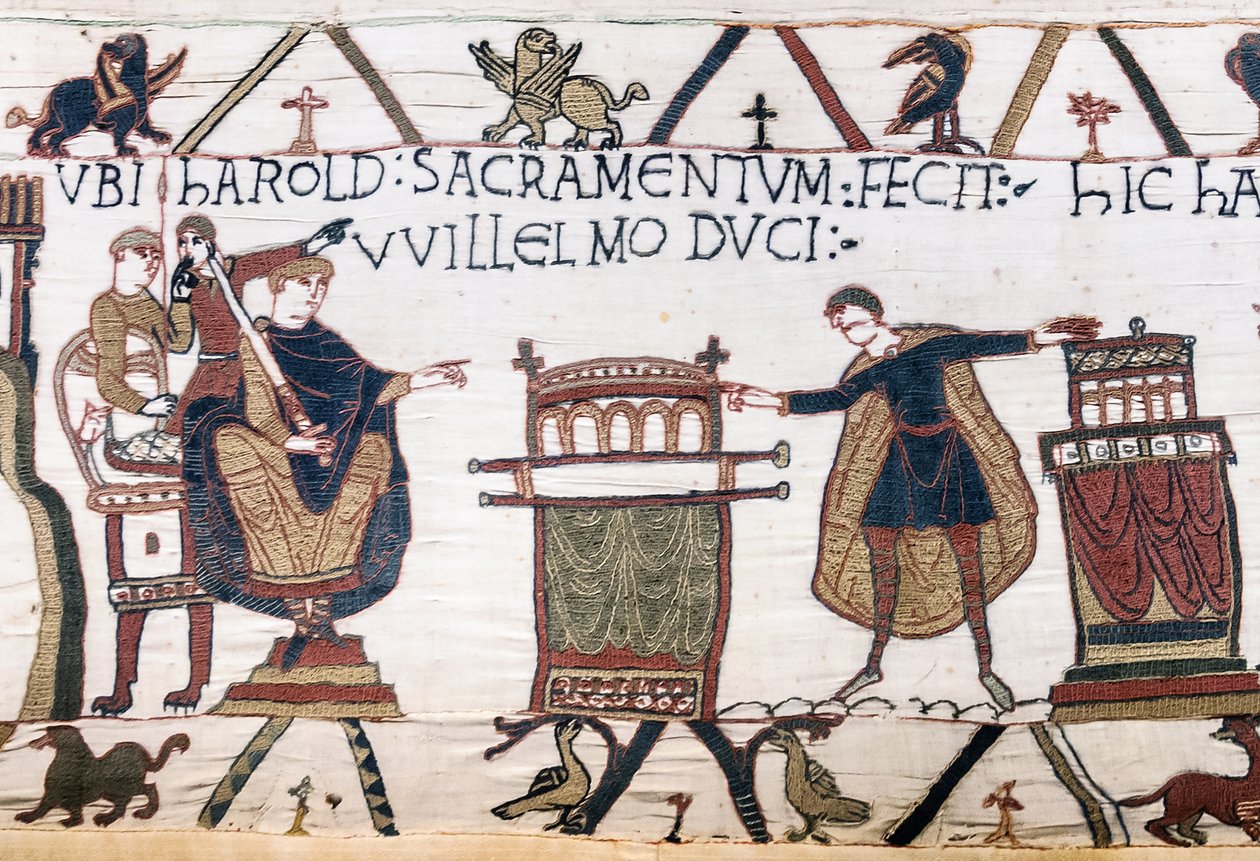 Harold składa świętą przysięgę Williamowi w Bayeux, Bayeux Tapestry autorstwa Unbekannt Unbekannt