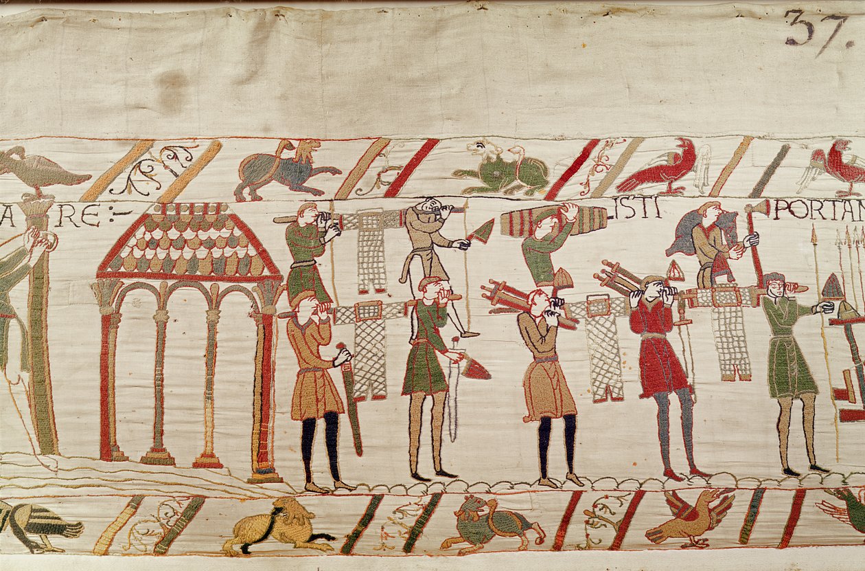 Normanowie niosą broń na statki, Bayeux Tapestry autorstwa Unbekannt Unbekannt
