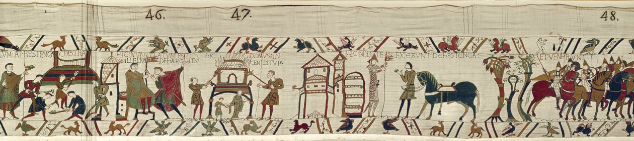 Normanowie budują fortyfikacje w Hastings i, słysząc wieści o Haroldzie, wyruszają do bitwy, Bayeux Tapestry autorstwa Unbekannt Unbekannt