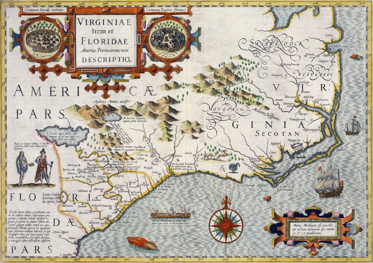North Carolina, zatytułowany "Virginiae item et Floridae" z Mercator "Atlas..." z 1606, wyd. Jodocusa Hondiusa, 1619 autorstwa Unbekannt Unbekannt