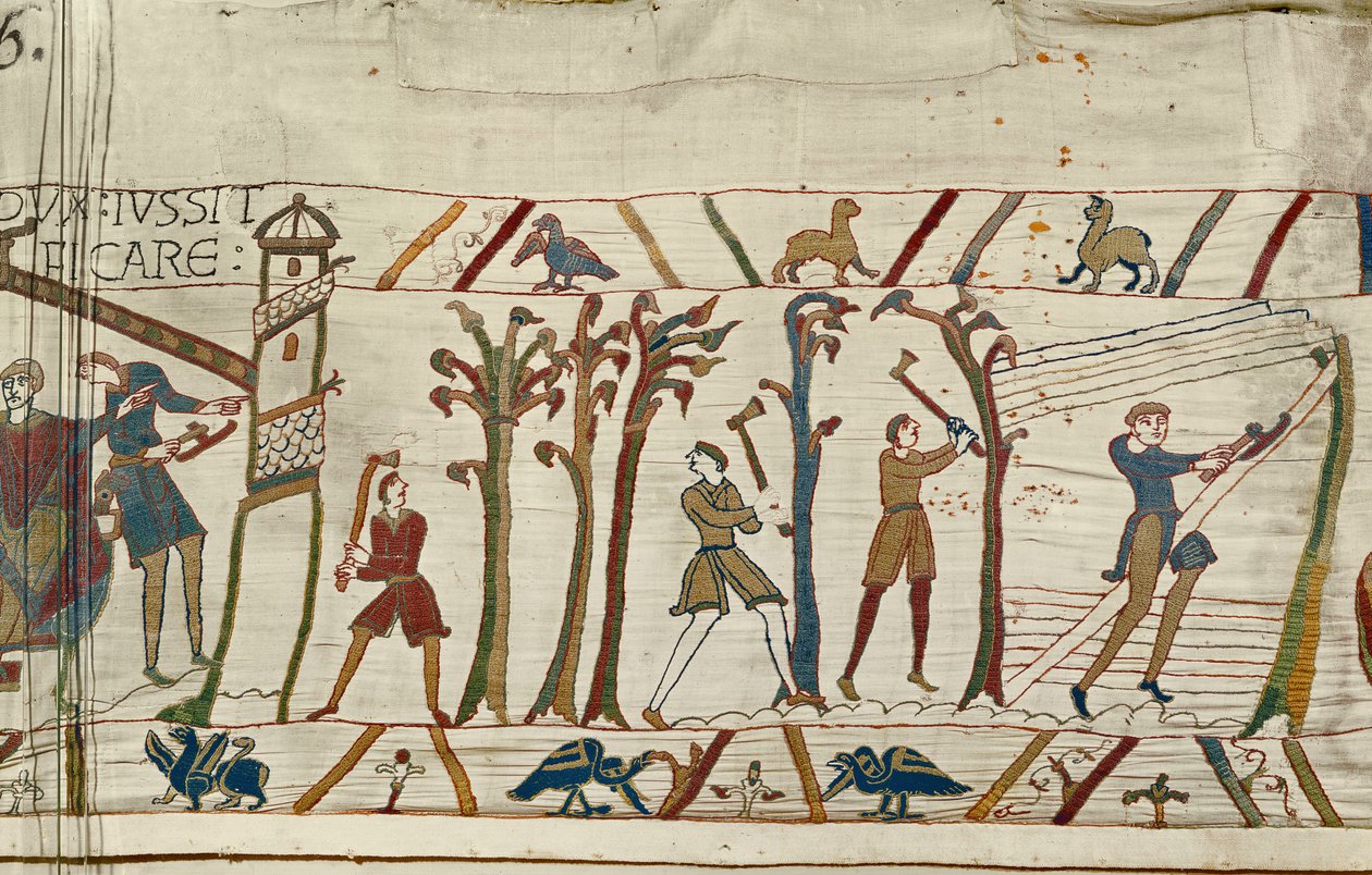 Drzewa są ścinane, aby budować statki dla floty normańskiej, Bayeux Tapestry autorstwa Unbekannt Unbekannt