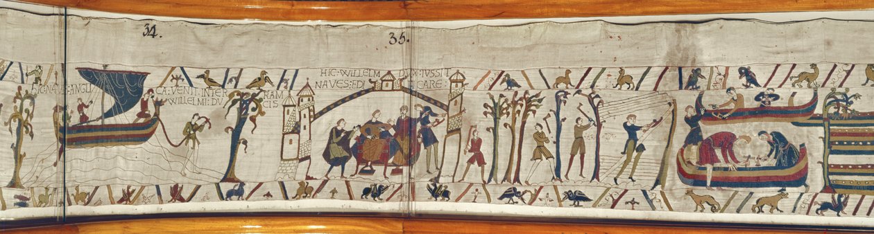 Kiedy książę William dowiaduje się o koronacji Harolda, każe budować statki w ramach przygotowań do inwazji, Bayeux Tapestry autorstwa Unbekannt Unbekannt