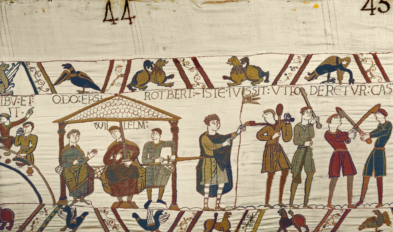William wraz z Robertem de Mortainem i biskupem Odo nakazuje budowę fortyfikacji w Hastings, Bayeux Tapestry autorstwa Unbekannt Unbekannt