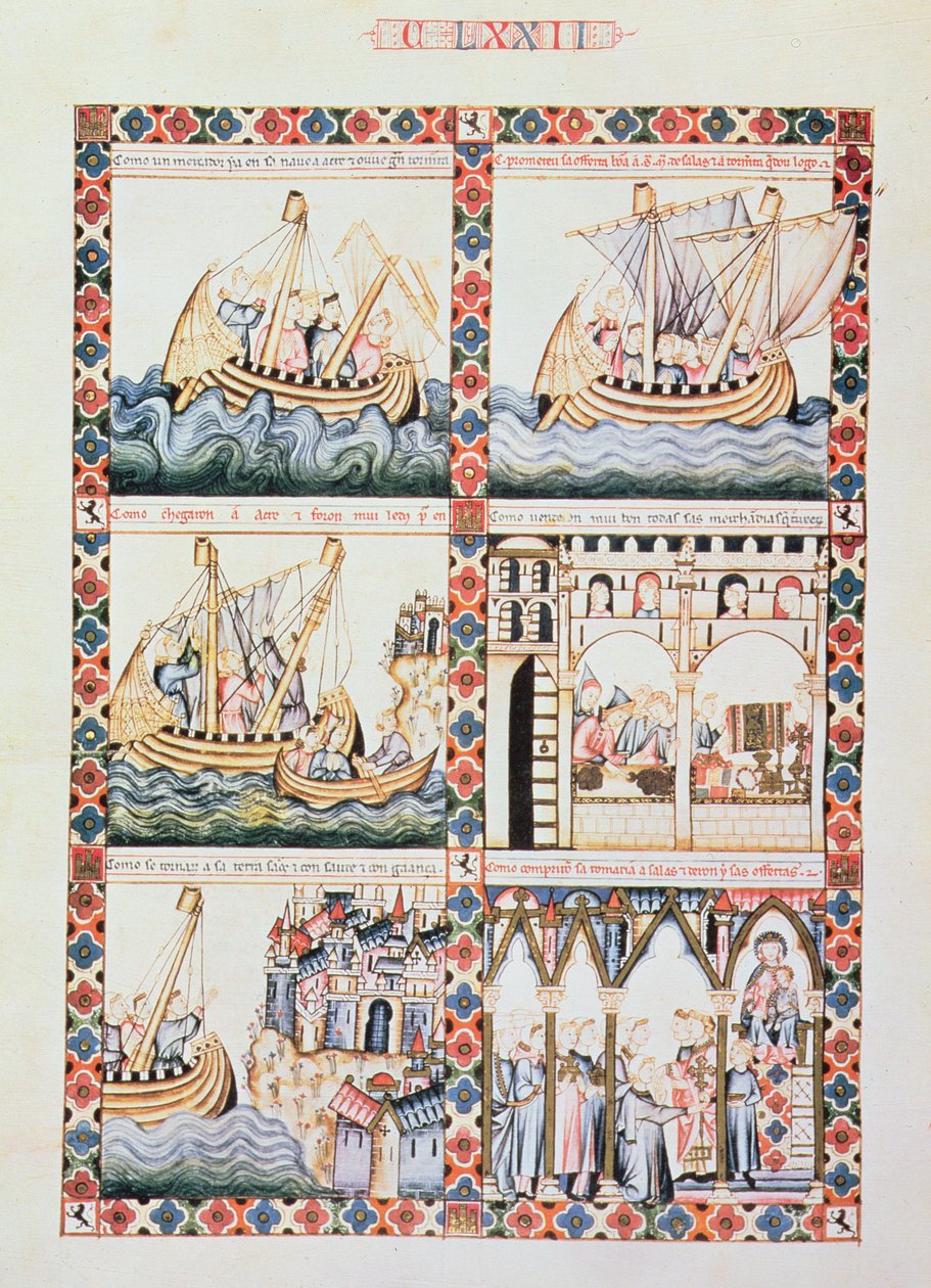 102-0625868/1 Podróż do Akki, ilustracje do Cantiga 172, jednej z 420 kompozycji muzycznych opowiadających o cudach Matki Boskiej, napisanych po galicyjsku dla Alfonsa X Mądrego (1221-84) (welum) autorstwa Unbekannter Künstler