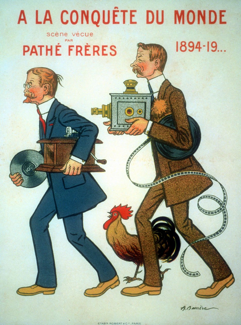 1898 plakat Adriena Barrere dla braci Charlesa Pathe (1863-1957) i Emile Pathe (1860-1937) francuskich inżynierów, producentów kinowych, tutaj z kogutem (symbolem), projektorem i fonografem autorstwa Unbekannt