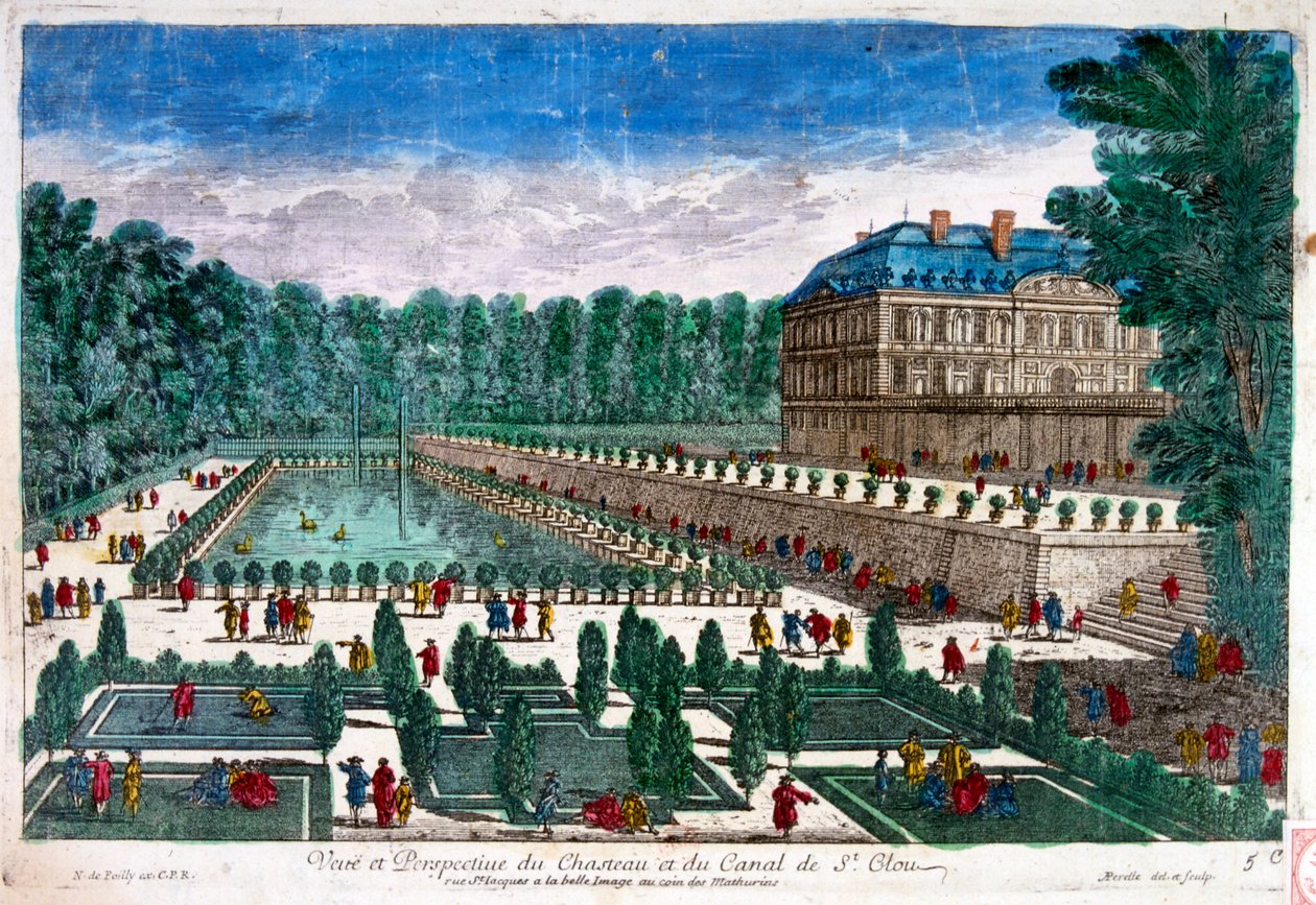 XVIII wiek, ilustracja przedstawiająca Château de Saint-Cloud, pałac we Francji, w Saint-Cloud w Hauts-de-Seine, na zachód od Paryża. Pałac został rozbudowany przez Filipa Francuskiego, księcia Orleanu w XVII wieku, a następnie powiększony przez Marię Anto autorstwa Unbekannter Künstler