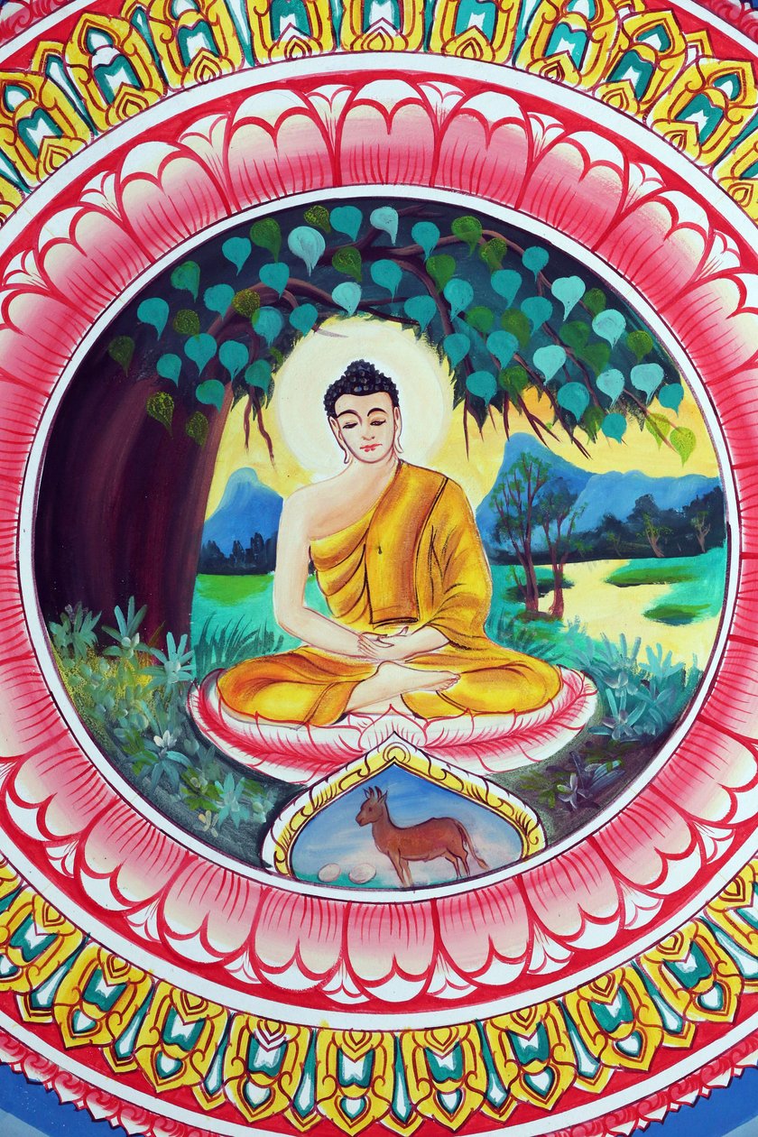 20151029, Vientiane, Laos: świątynia buddyjska Wat Inpeng. Obraz przedstawiający historię życia Buddy Siakjamuniego. Budda siedzący w pozie medytacyjnej autorstwa Unbekannt