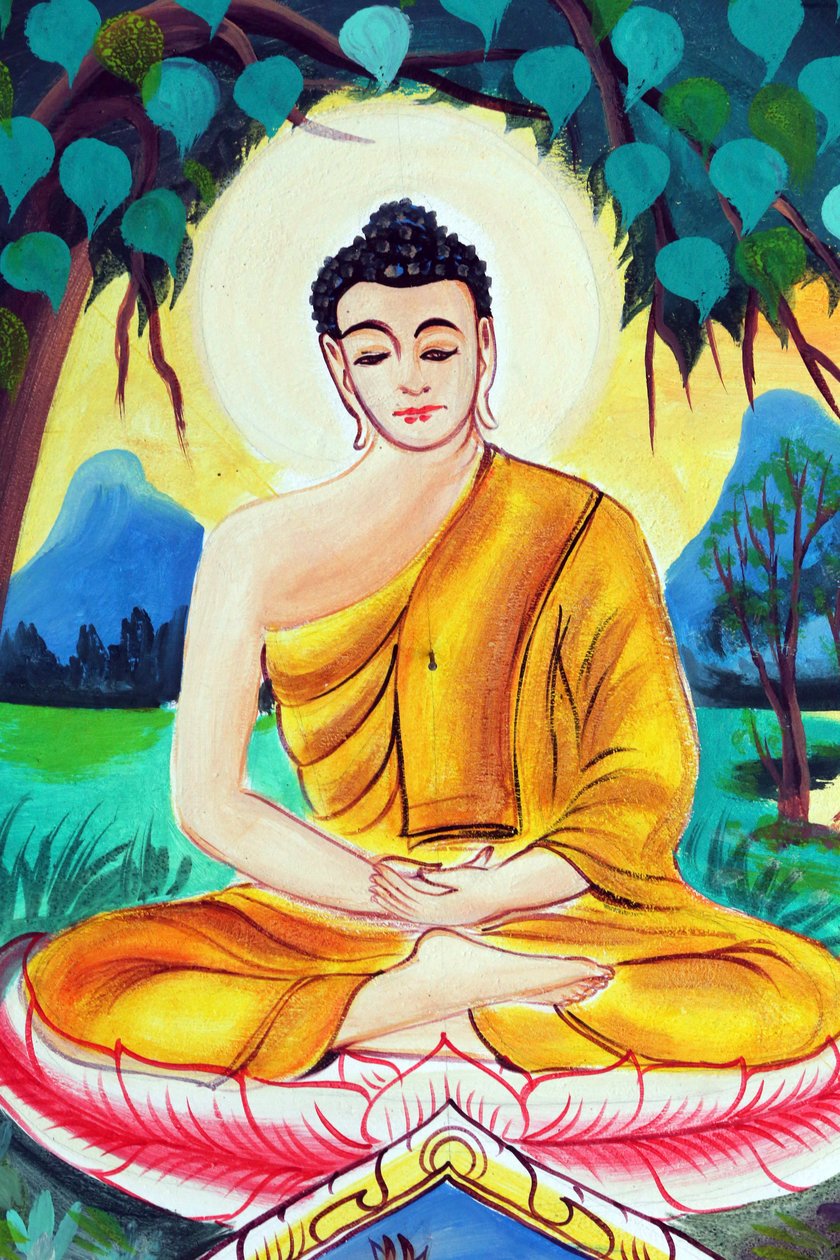 20151029, Vientiane, Laos: świątynia buddyjska Wat Inpeng. Obraz przedstawiający historię życia Buddy Siakjamuniego. Budda siedzący w pozie medytacyjnej autorstwa Unbekannt