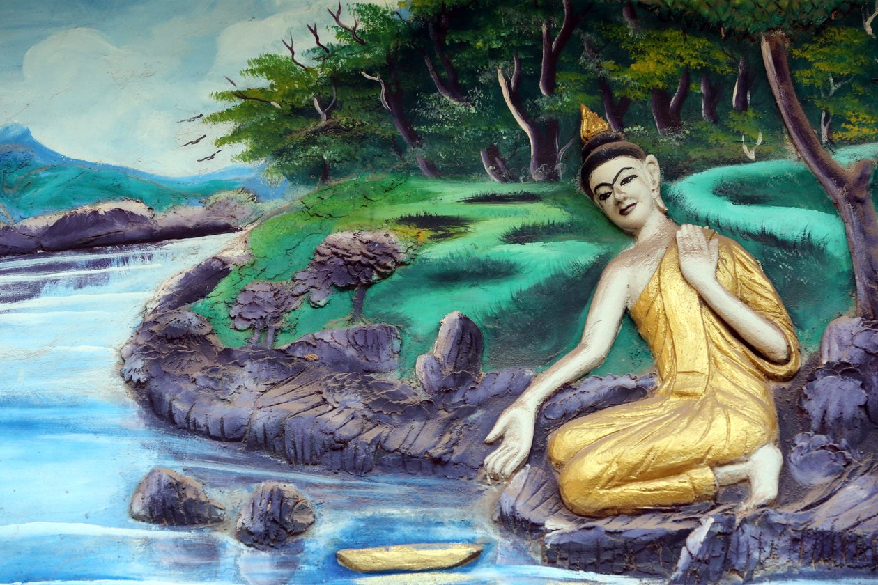 20151029, Vientiane, Laos: świątynia buddyjska Wat Inpeng. Obraz przedstawiający historię życia Buddy Siakjamuniego. Kąpiel w rzece autorstwa Unbekannt