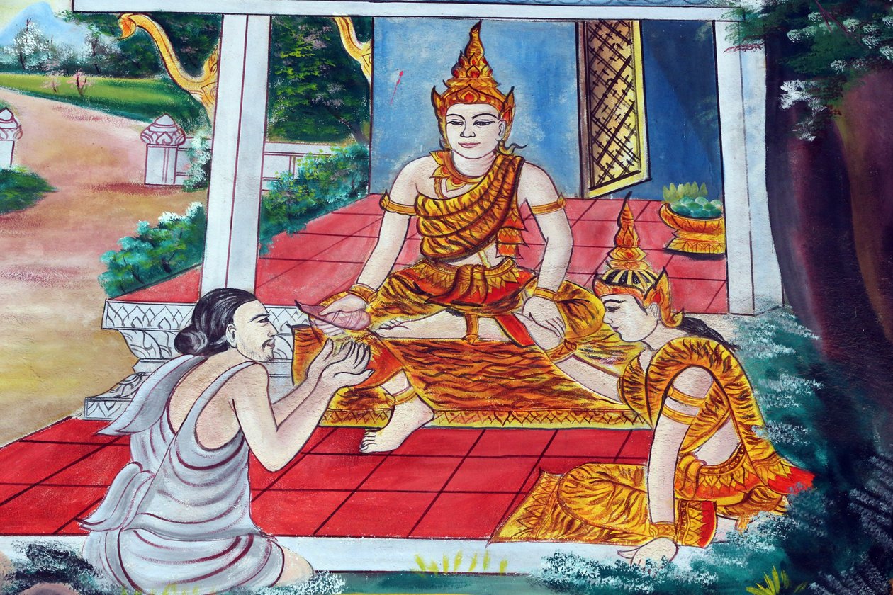 20151029, Vientiane, Laos: świątynia buddyjska Wat Inpeng. Opowieści Jataki to narracje o poprzednich żywotach Buddy (to znaczy, zanim urodził się po raz ostatni, aby stać się Buddą) autorstwa Unbekannt