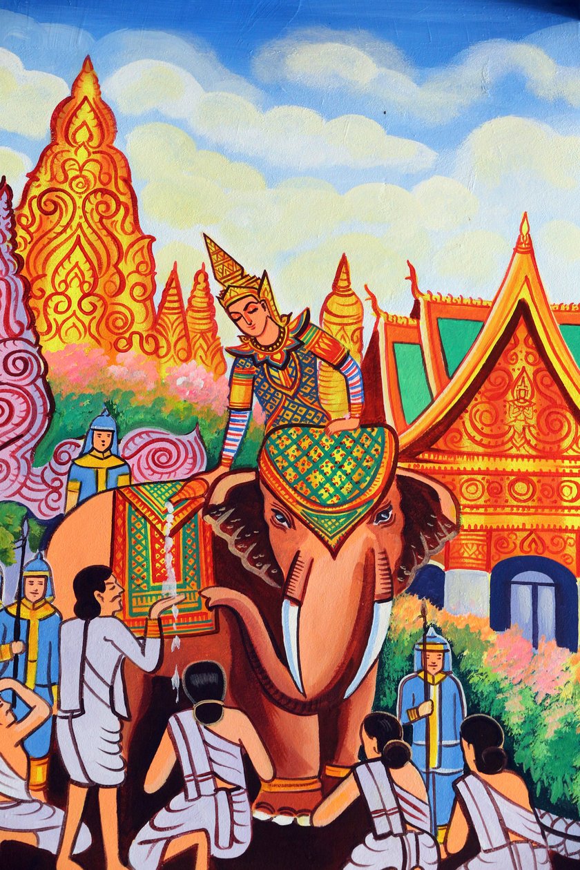 20151029, Vientiane, Laos: świątynia buddyjska Wat Si Muang (Simuong). Obraz przedstawiający historię życia Buddy Siakjamuniego autorstwa Unbekannt