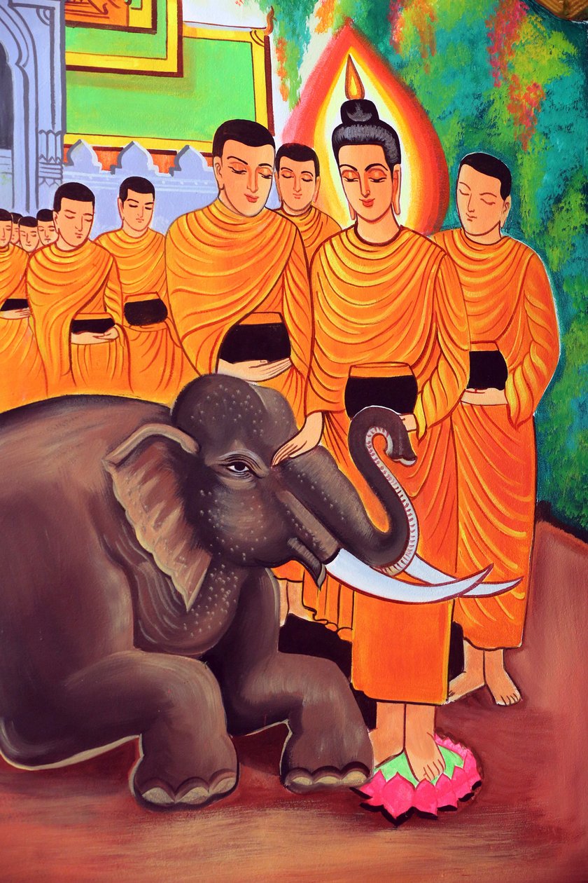 20151029, Vientiane, Laos: świątynia buddyjska Wat Si Muang (Simuong). Obraz przedstawiający historię życia Buddy Siakjamuniego. Dziki słoń oswojony przez miłującą dobroć autorstwa Unbekannt