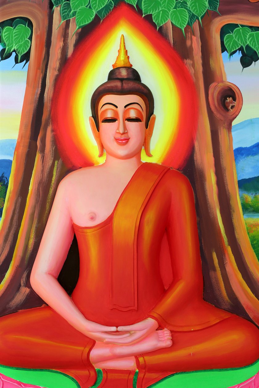 20151030, Vientiane, Laos: świątynia buddyjska Wat Si Muang (Simuong). Obraz przedstawiający historię życia Buddy Siakjamuniego. Budda siedzący w pozie medytacyjnej pod drzewem Bodhi autorstwa Unbekannt