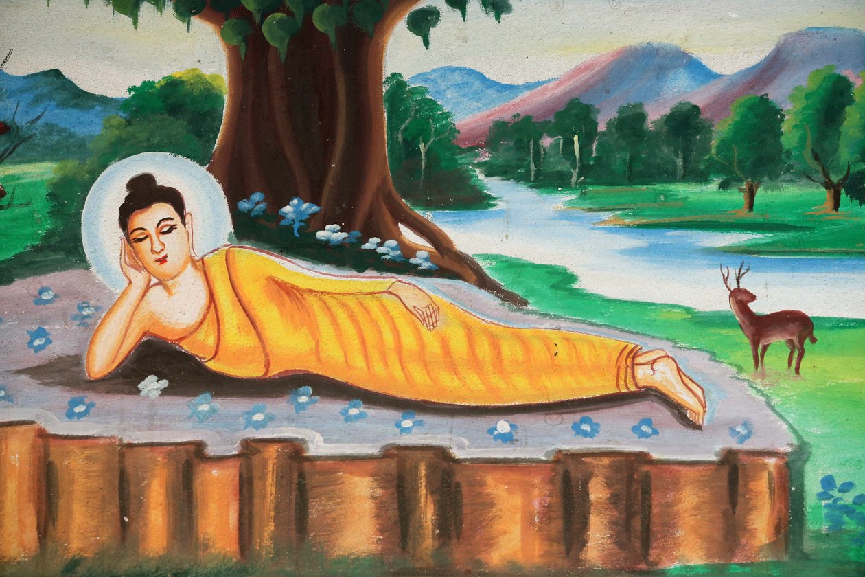 20151102, Vang Vieng, Laos : Obraz przedstawiający historię życia Buddy Siakjamuniego. Leżący Budda autorstwa Unbekannt