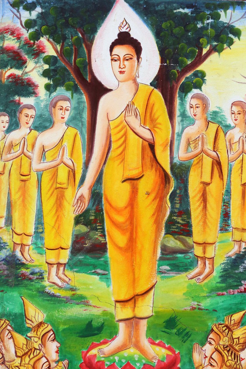 20151102, Vang Vieng, Laos : Obraz przedstawiający historię życia Buddy Siakjamuniego. Budda poświęcił się nauczaniu, przyciągając setki wyznawców autorstwa Unbekannt