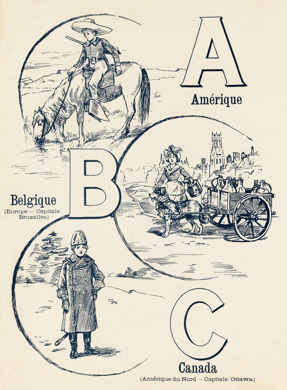 A B C: Ameryka, Belgia, Kanada – ABC dwóch światów. Emile Guerin, wydawca, Paryż, ok. 1900. Wymiary: 27,5 x 21,5 cm autorstwa Unbekannt