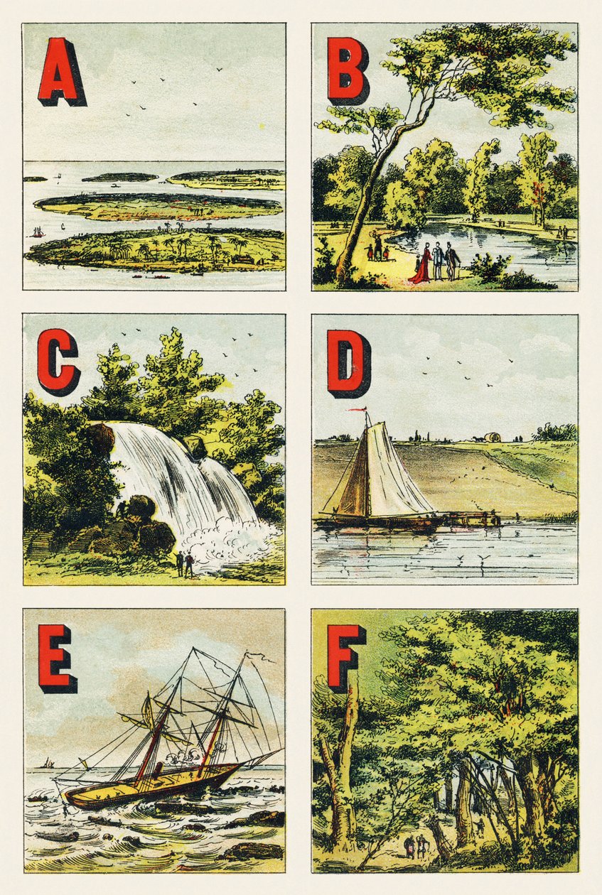 A B C D E F: archipelag, Bois de Boulogne, wodospad, grobla, rafa, las Fontainebleau - Rycina wydobyta z alfabetu geograficznego. Guerin-Muller et Cie, wydawnictwo, Paryż autorstwa Unbekannt