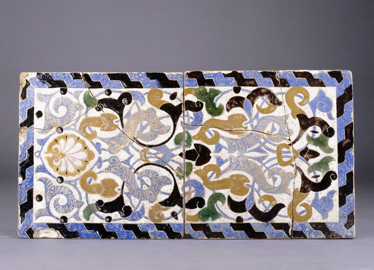 Panel z płytek ceramicznych cuerda seca z dynastii Nasrydów, z wzorem przeplatanych arabesek i palmet, koniec XIV lub XV wieku autorstwa Unbekannt