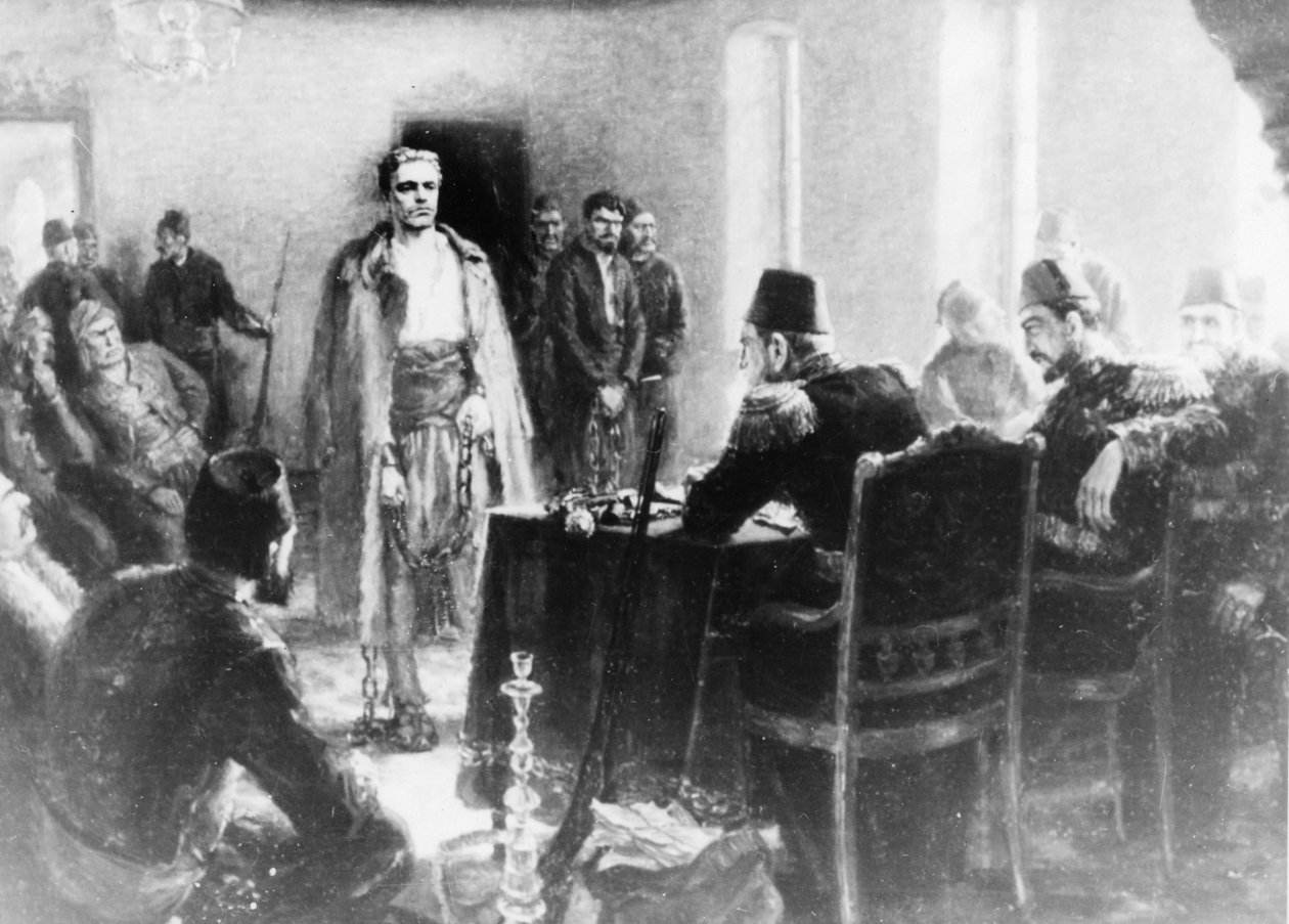 Obraz Kaliny Tassevy przedstawiający bułgarskiego rewolucjonistę, Vasila Levskiego, przed trybunałem Imperium Osmańskiego autorstwa Unbekannt