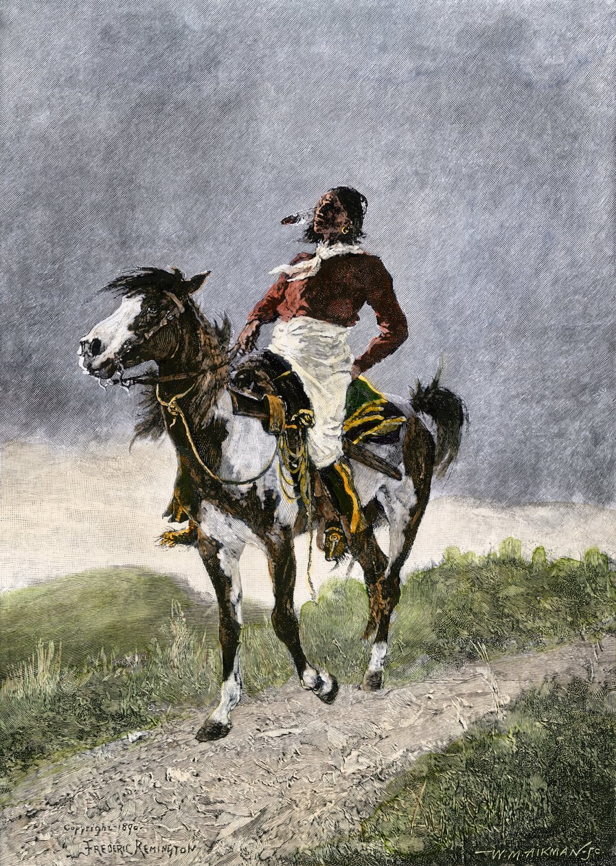 Odważny Komancz, podróżujący konno po południowych preriach (Teksas, Oklahoma, USA), około 1800 roku. Litografia autorstwa Unbekannter Künstler