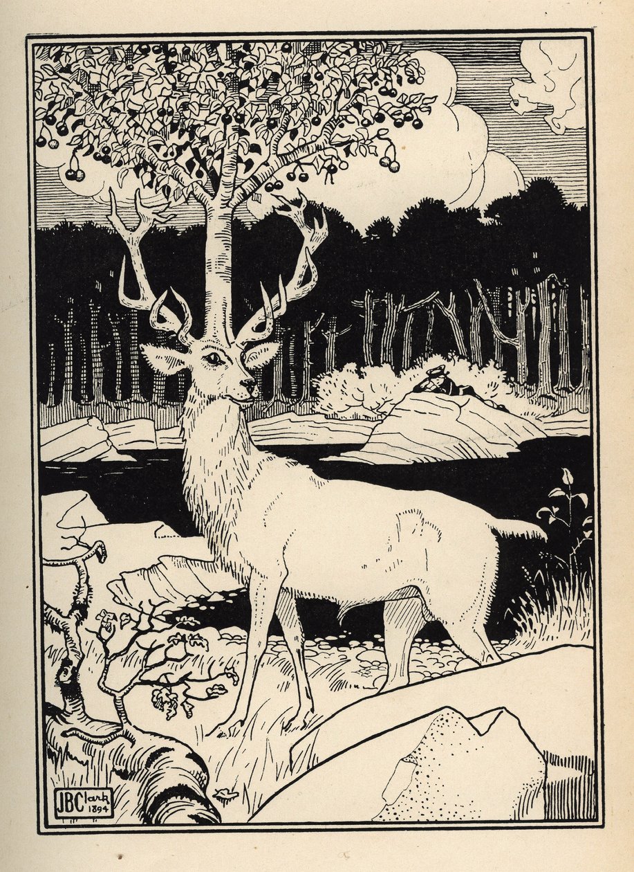 Wiśnia na głowie jelenia dotknięta kamieniami włóczni z wiśni Baron de Munchausen Ilustracja autorstwa Williama Stranga (1859-1921) i JB Clarka zaczerpnięta z „Przygód barona z Munchausen (Munchhausen)” Rudolfa Ericha Raspe (1736- autorstwa Unbekannt