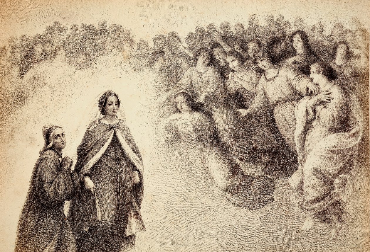 Stado cieni zbliża się do Dantego i Beatrycze. Ilustracja do Canto V Paradiso z Boskiej komedii Dantego Alighieri. Dzieło Franceso Scaramuzzy dedykowane władzom miejskim Florencji. autorstwa Unbekannter Künstler
