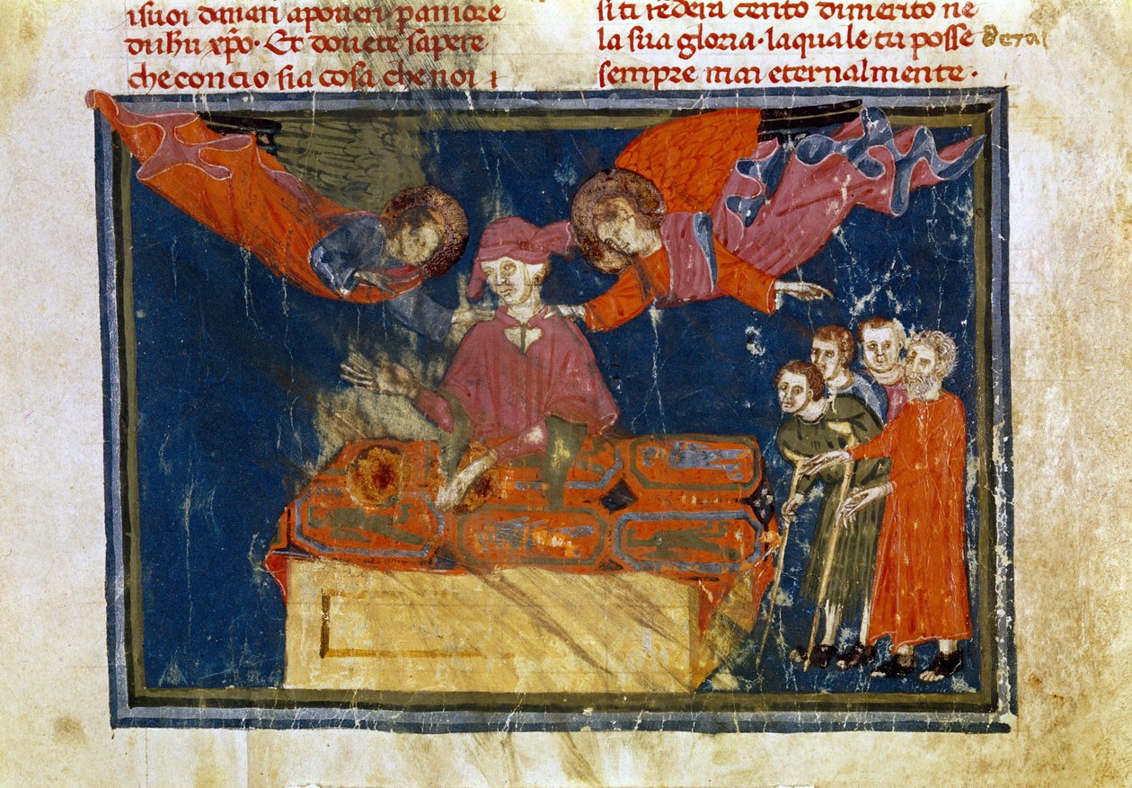 Grupa niedołężnych ludzi i władca czyniący dzieło miłosierdzia, udzielając im pomocy. Miniatura zaczerpnięta z "Dzieł Merciorda" (ms. II, VI autorstwa Unbekannter Künstler