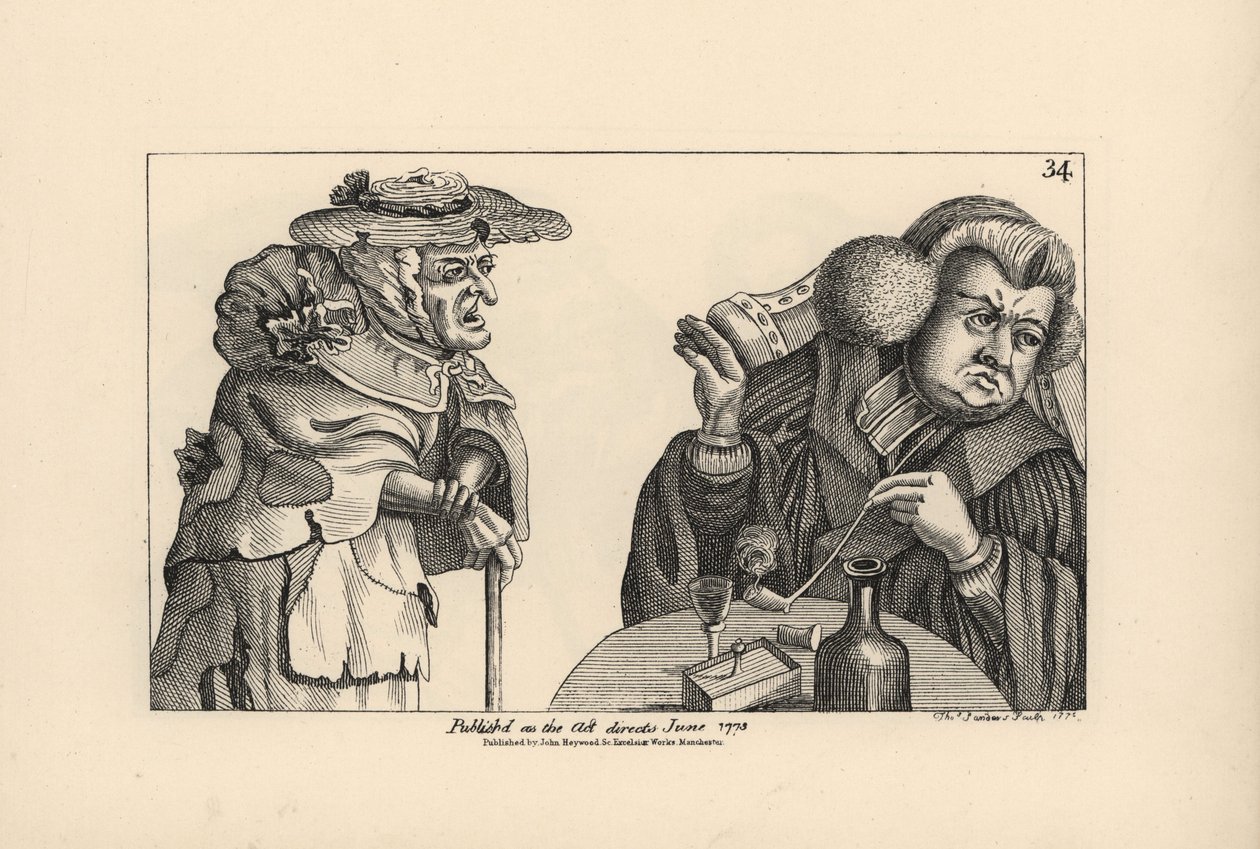 Pulchny, bogaty wikary z fajką tytoniową i alkoholem ignoruje błagania biednej staruszki. Miedzioryt autorstwa Thomasa Sandersa według satyrycznej ilustracji Timothy