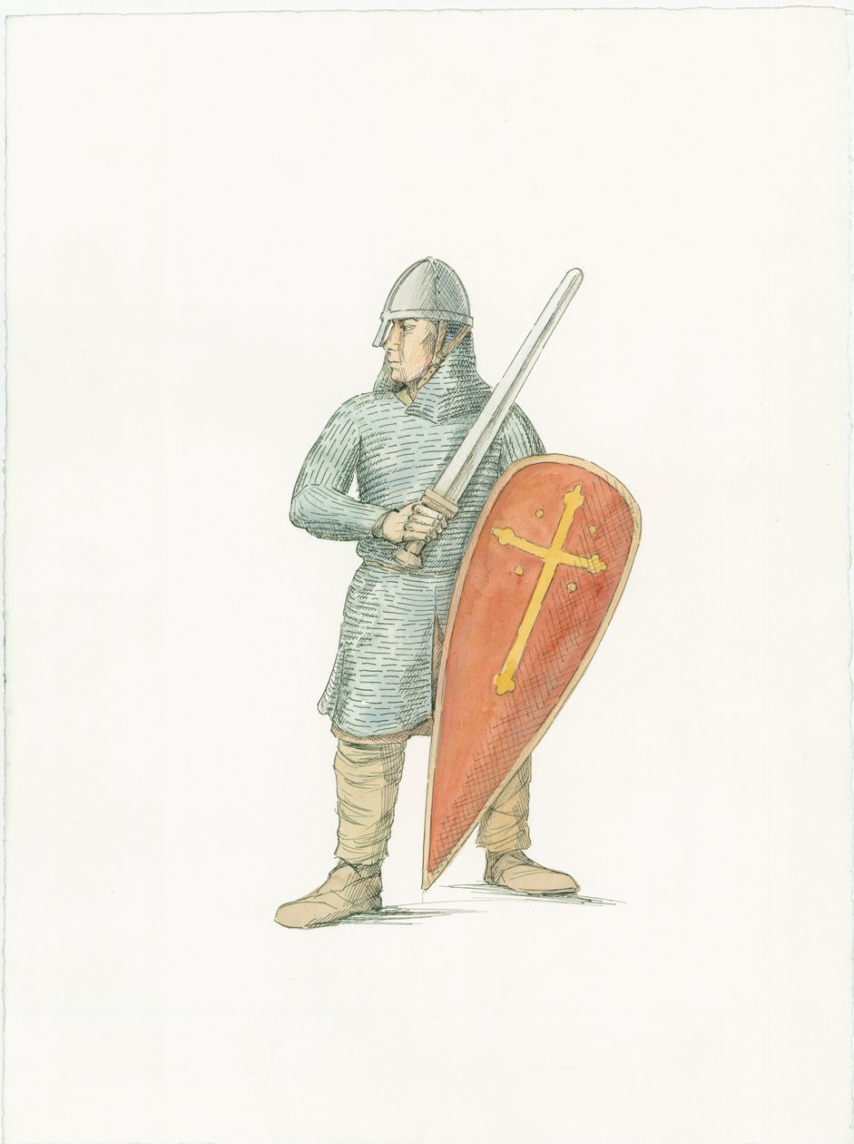 Ilustracja rekonstrukcji przedstawiająca normańskiego rycerza około 1066 roku autorstwa Unbekannter Künstler