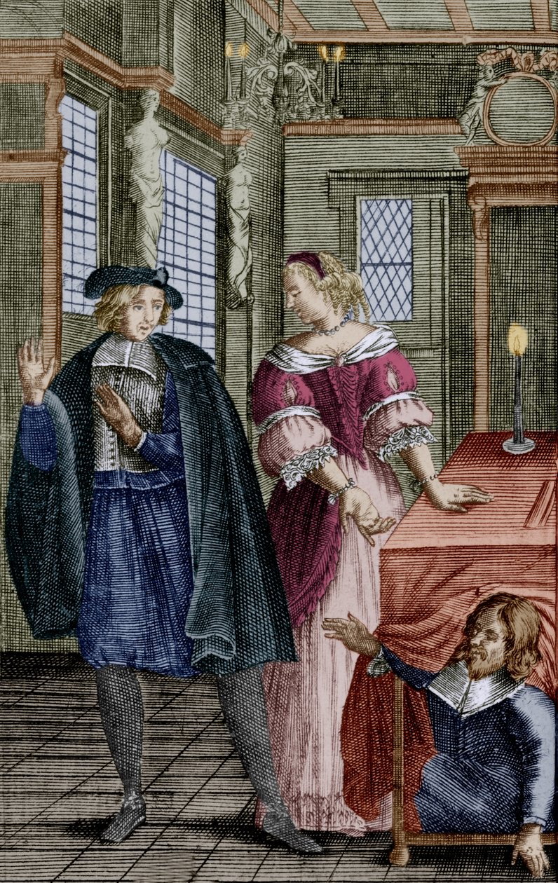 Scena ze sztuki "Tartuffe" Moliera (1664) z Orgonem (pod stołem), Elmirem, jego żoną i Tartuffe