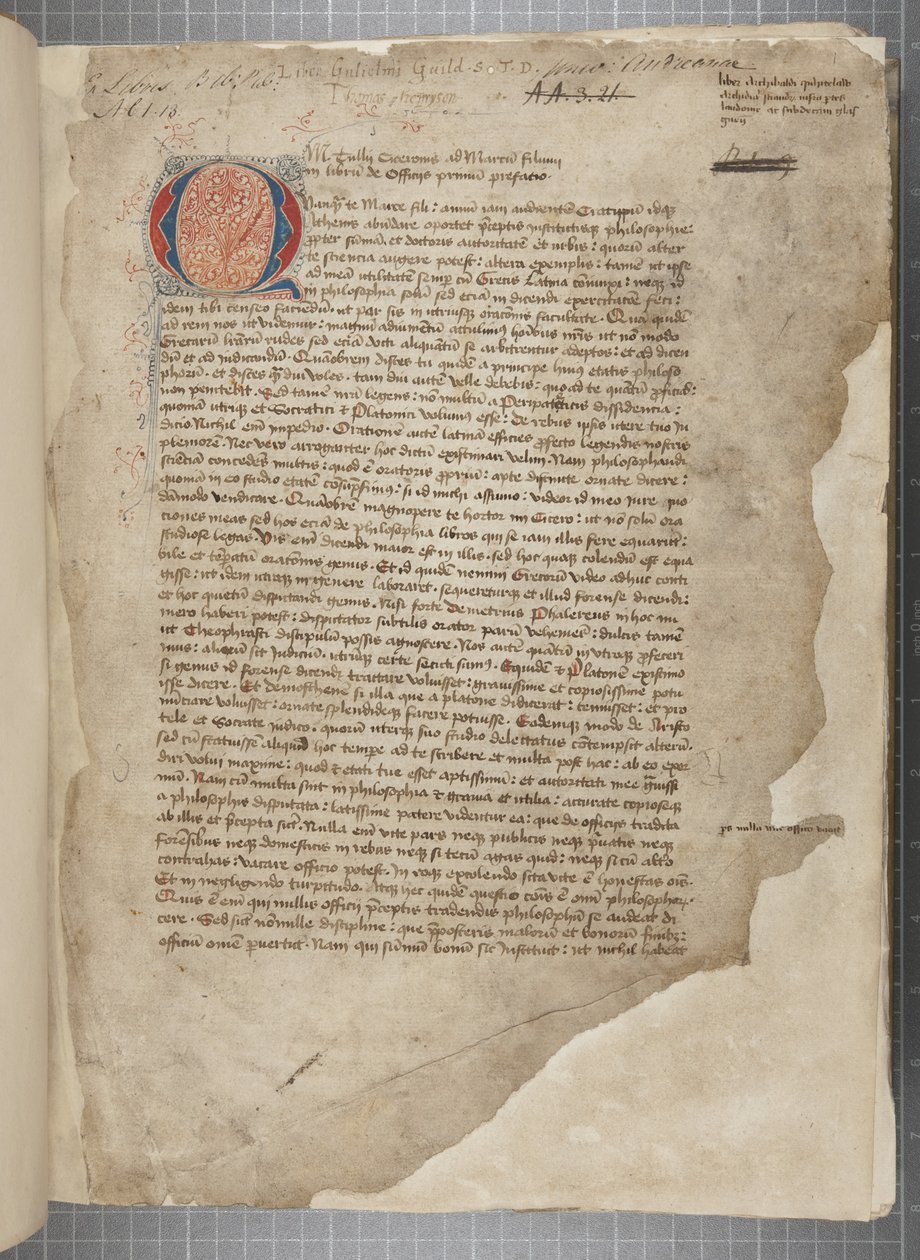 Transkrypcja, w trzech rękach, dzieł filozoficznych Marka Tulliusza Cycerona zaczerpnięta pozornie z editio romana z 1471 r., z marginaliami w ręku Archibalda Whitelawa i innych, ok. 1480 (tusz na pergaminie) autorstwa Unbekannt