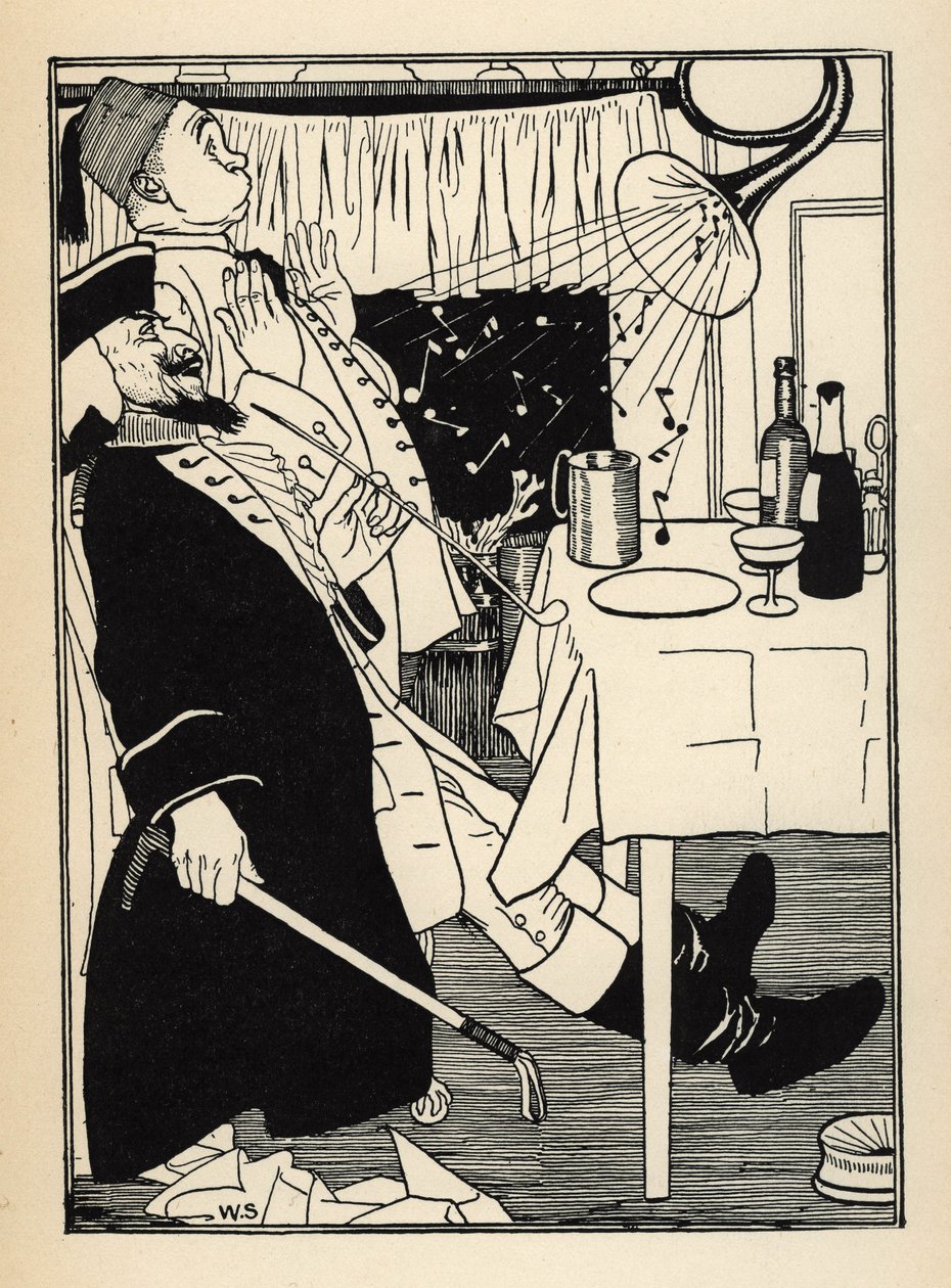 Trąbka, która zamarzła, sama wydaje dźwięki, gdy się nagrzewa, ma rozbawienie i zdumienie wszystkich ilustracji Williama Stranga (1859-1921) i JB Clarka z „Przygód barona z Munchausen (Munchhausen)” Rudolfa Ericha Rape (1736- autorstwa Unbekannt