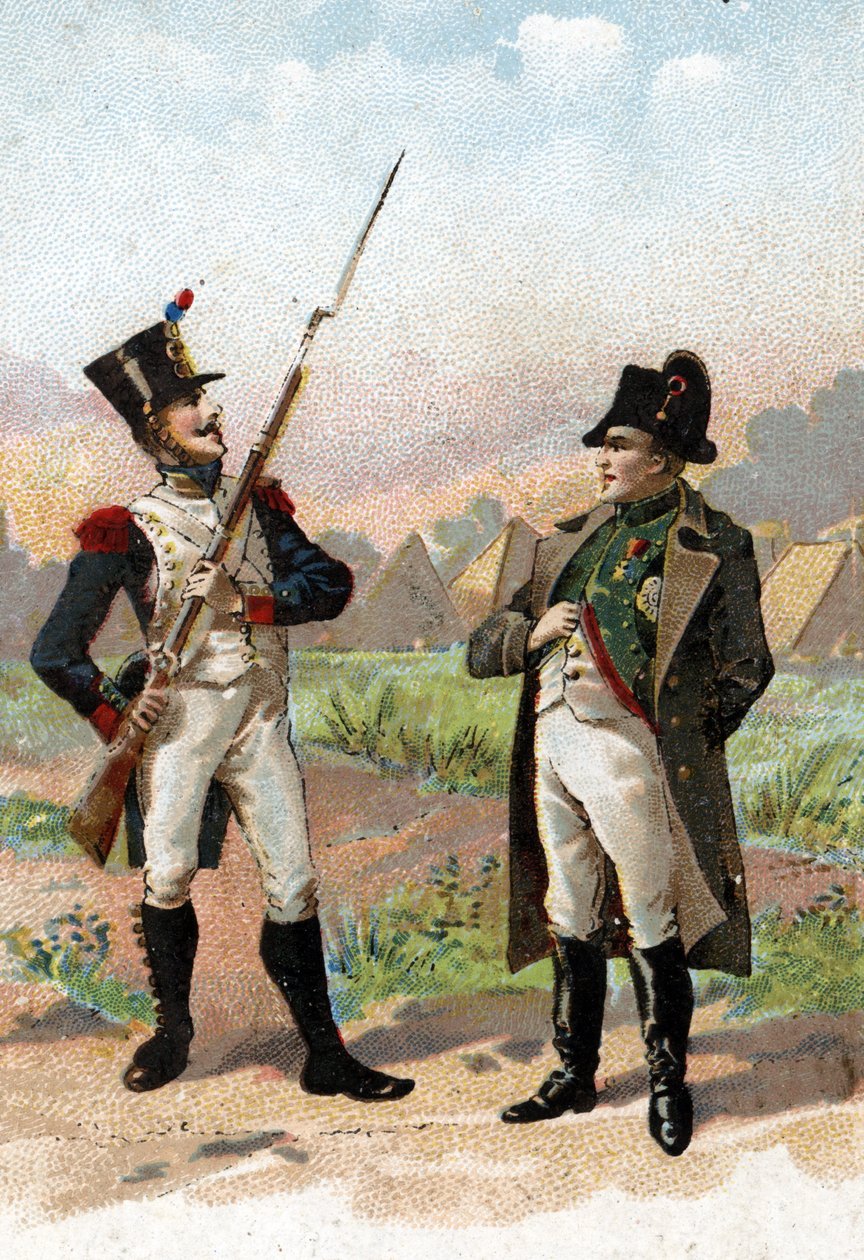 Młody żołnierz zatrzymujący Napoleona I na drodze 1805 r. XIX w. (chromolitografia) autorstwa Unbekannter Künstler