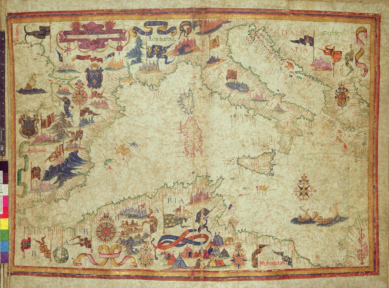 Dodatkowe 5415A, ff.11v-12r: Wybrzeże Morza Śródziemnego od Cieśniny Gibraltarskiej do Morea z Adriatykiem, ok.1558 (welum) autorstwa Unbekannter Künstler