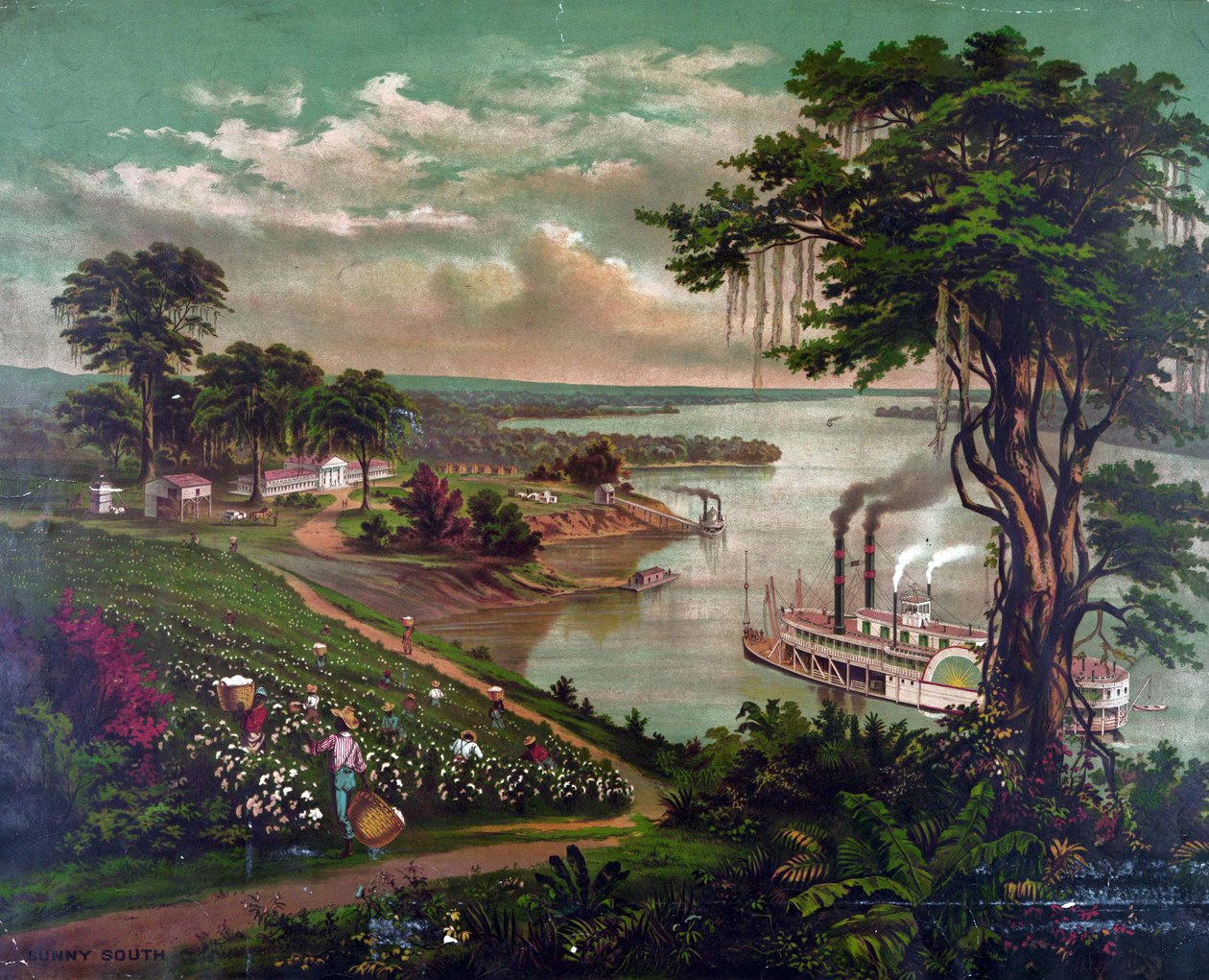 Afroamerykanie zbierający bawełnę na plantacji nad Missisipi, ok. 1883 r. Dom na plantacji po lewej, domki robotników po prawej. Nabrzeże do załadunku bel bawełny, pośrodku. Parowiec z wiosłem Rzeka Rolnictwo Krajobraz tekstylny USA autorstwa Unbekannter Künstler