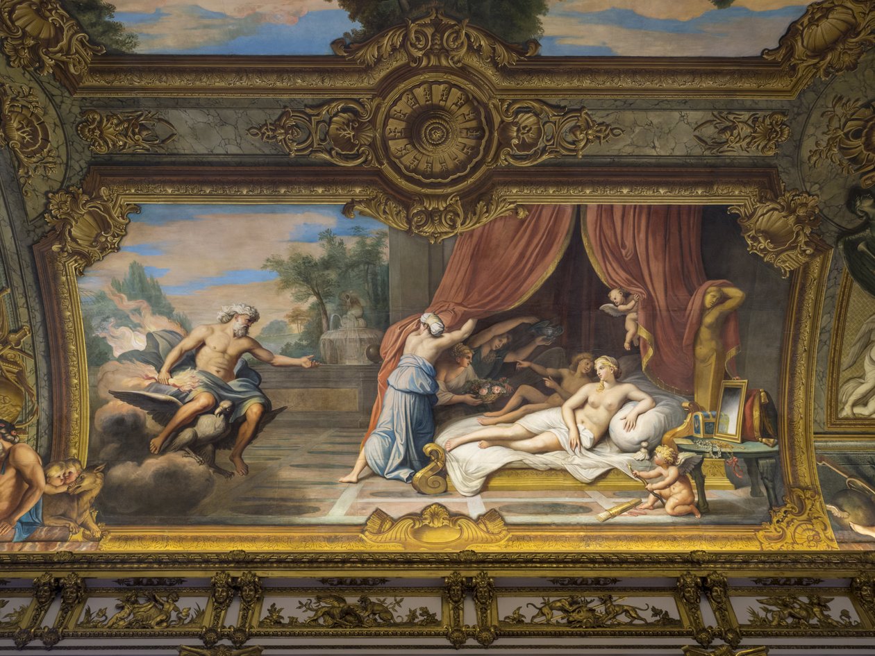 Allegorie du Feu przedstawiające Jowisza i Semele, Ludwika XIII (1601-1643) odwiedzającego Annę Austriaczkę (1601-1666) (koncepcja Ludwika XIV). Obraz sklepienia Galerie doree, autorstwa Francois Perrier (1594-1649) autorstwa Unbekannt