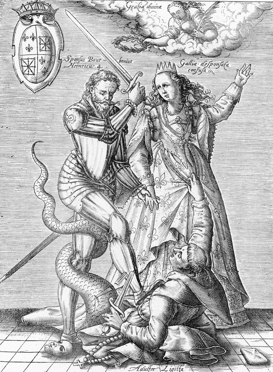 Alegoria śmierci Ligi Katolickiej przedstawiona jako mnich z ciałem węża zabitego przez króla Francji Henryka IV i Francji. Koniec XIX wieku (rycina z "Museum-Criminal" Henri Varennesa i Edgara Troimaux) autorstwa Unbekannter Künstler