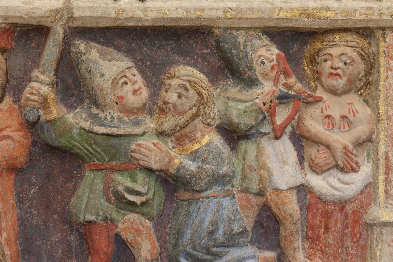 Ołtarz. kamień polichromowany. Druga połowa XIV wieku. Pochodzenie dawnego kościoła parafialnego Torre de Rialb. Szczegół. Średni rejestr. Lewy panel. Dolna część: urzędnik patrzy na scenę ścięcia św. Iscle i amputacji piersi Sa autorstwa Unbekannt